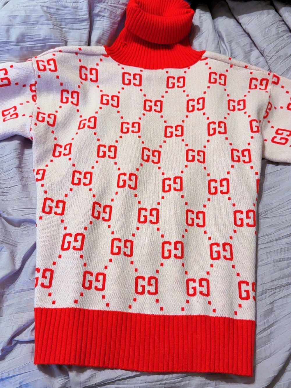 Gucci White Sweater with Red GG Monogram Turtleneck